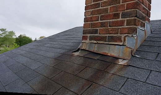 Rusted-through flashing at a chimney base, long past saving